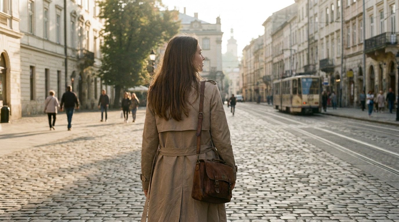Walking through the city in the morning