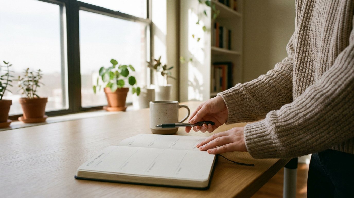 A planner and coffee on a calm morning desk