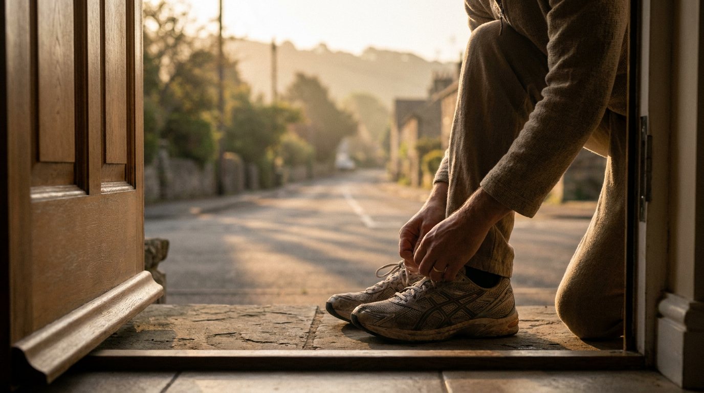Lacing running shoes at the front door in morning light
